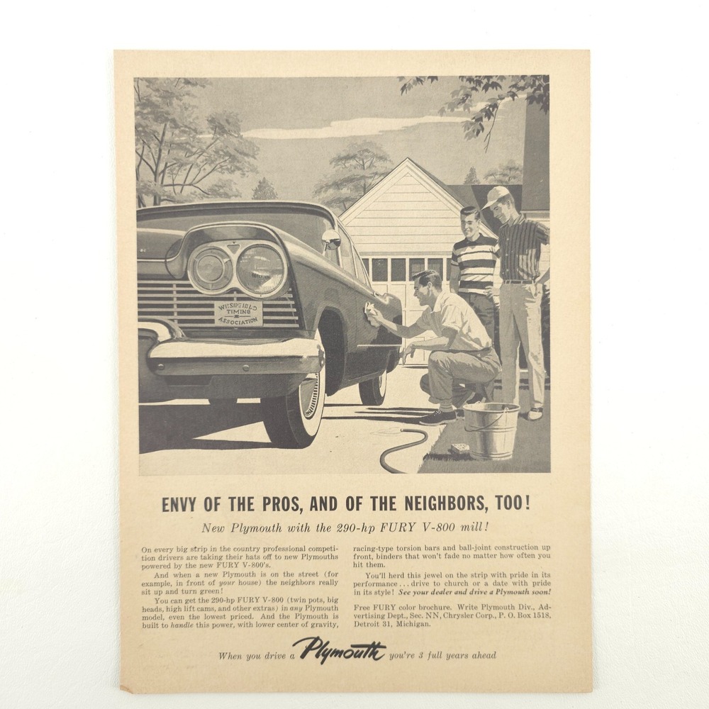 VTG 1957 Plymouth FURY V-800 Advertising Print Ad Promo Art Upcycled Hot Rod Mag